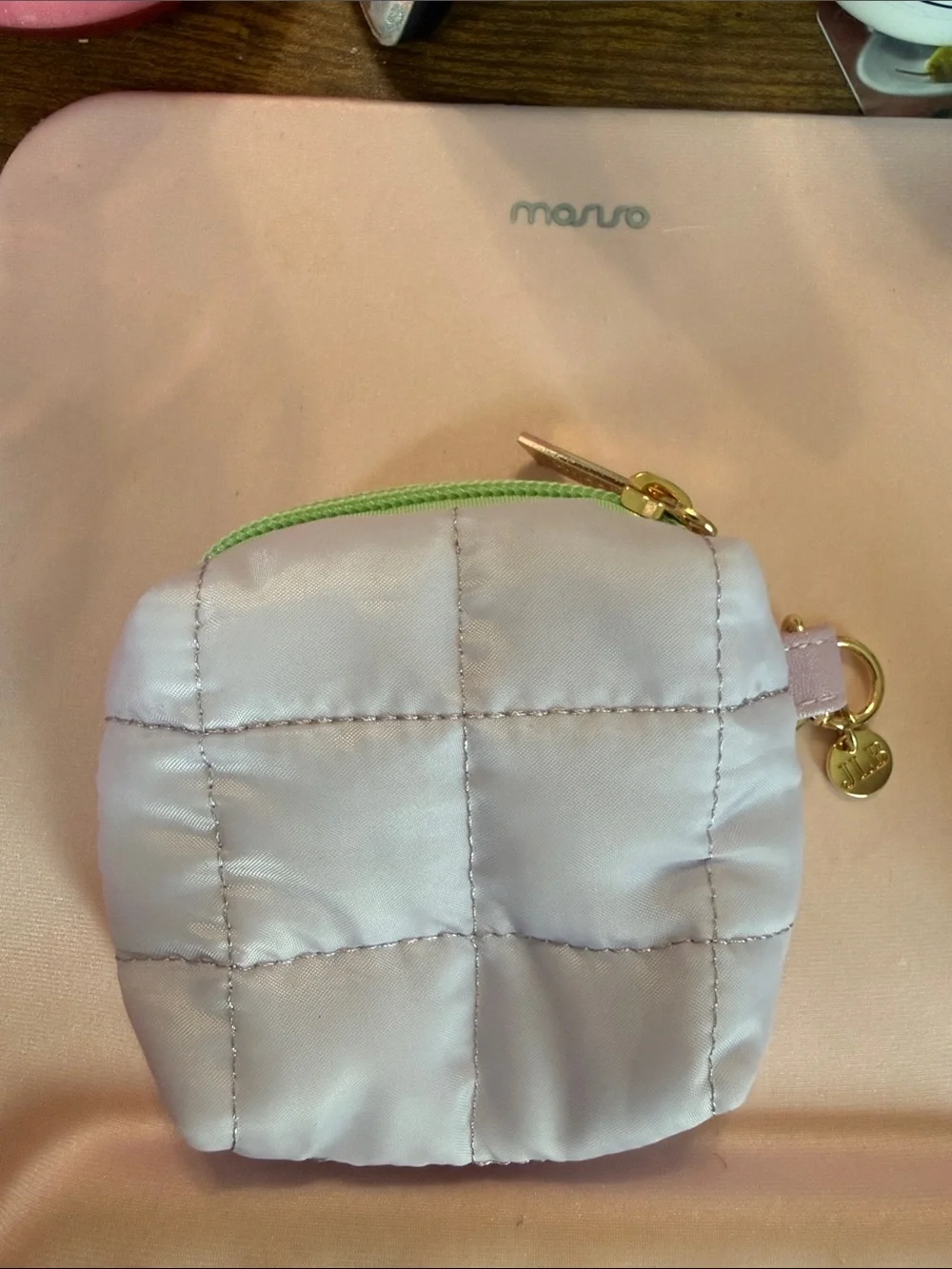Jadelynn Brooke Quilted Lilac ear Bud Pouch with Green Zipper and Gold Hardware